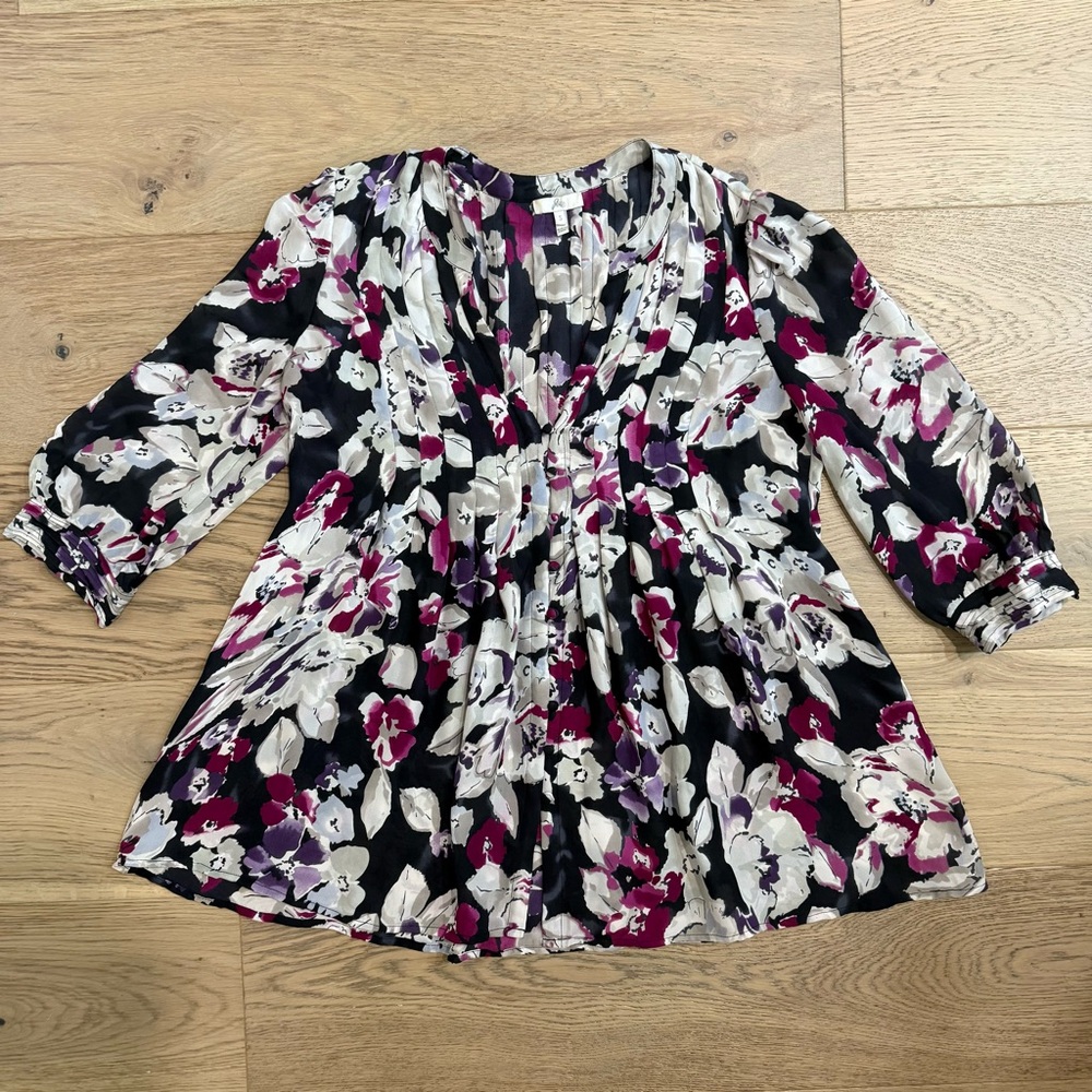 Joie  Floral Print Silk Pleated 3/4 Sleeve Blouse Top